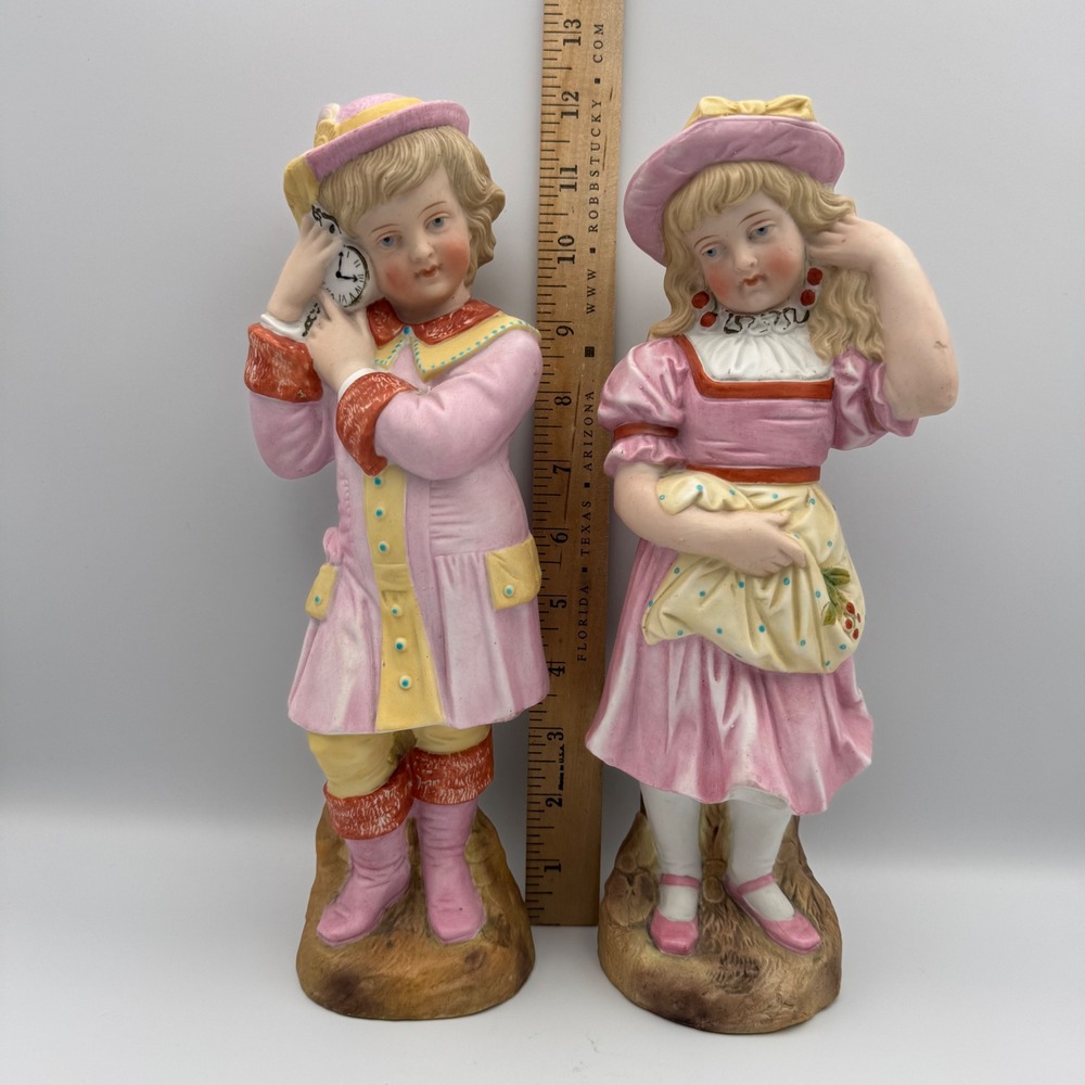 Victorian Antique‎ Bisque Porcelain Children Figurines Couple Pink Outfits Clock